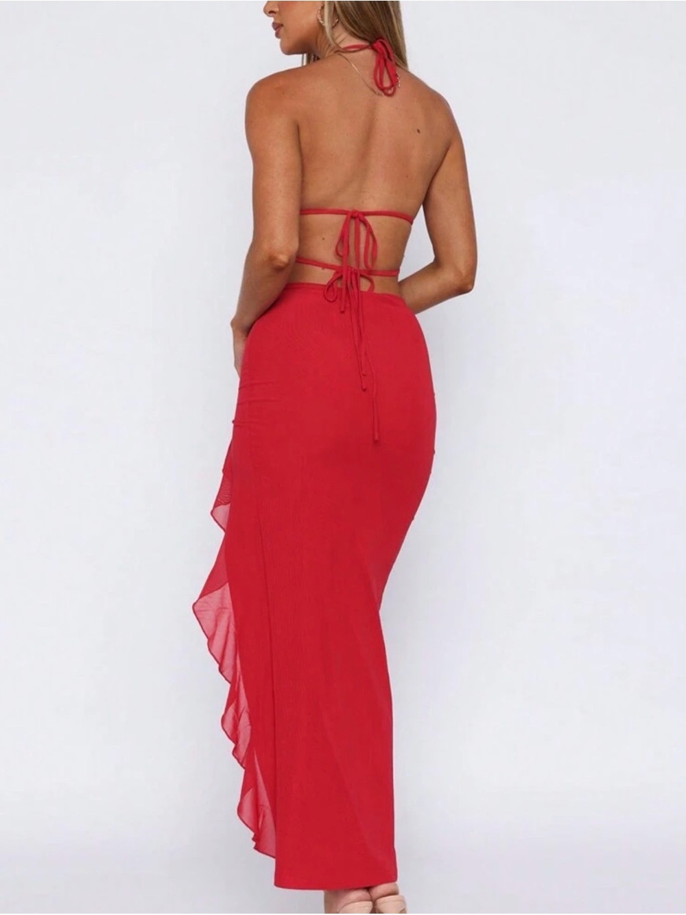 Red Halter Ruffle-Slit Dress - Picture 2 of 6